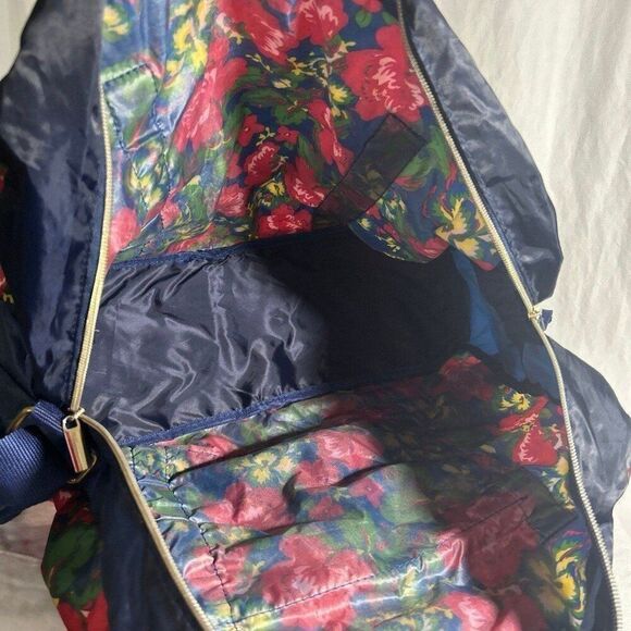 Convertible Stow-n-Go Bag, Navy Red Floral Print Packable Overnight Bag - Picture 8 of 11